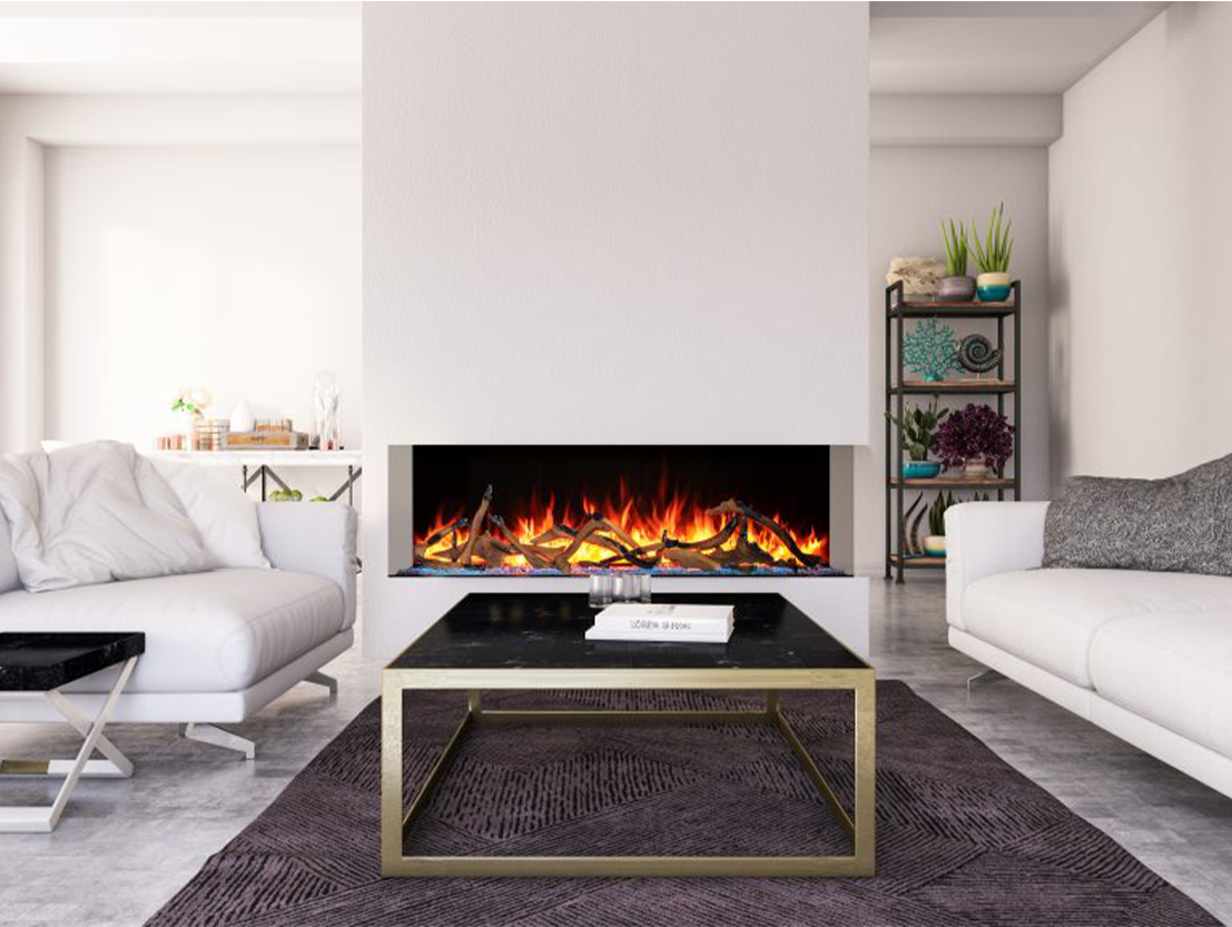 contemporary fireplace in a modern living room with white wall surround.