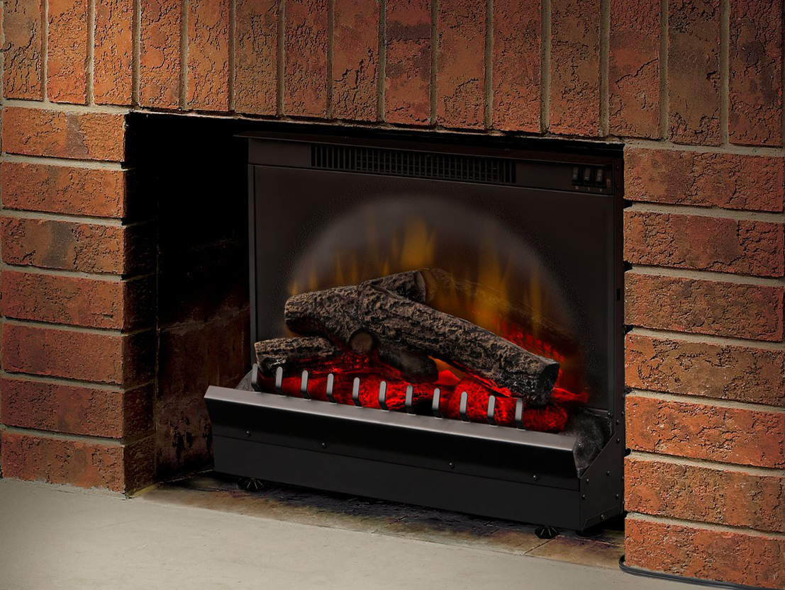 fireplace insert with red brick fireplace surround and gas logs